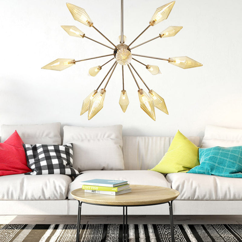 Diamond Shape Indoor Hanging Chandelier Light Amber/Clear Glass 9/12/15-Head Industrial Stylish Ceiling Light Fixture