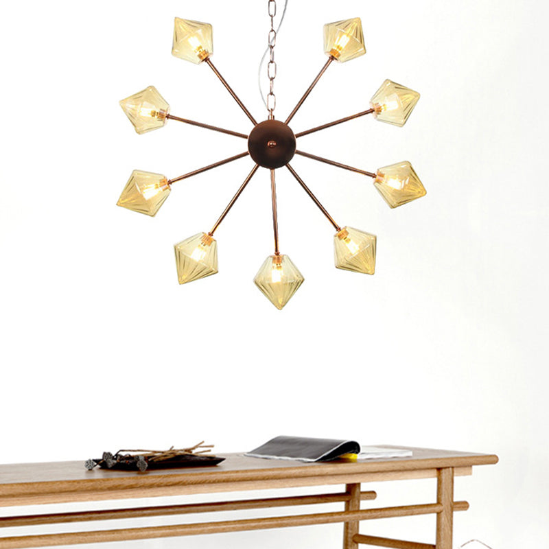 Diamond Shade Hanging Lighting Industrial Amber/Clear Glass 6/9/12 Heads Living Room Chandelier Lamp in Black/Brass/Copper