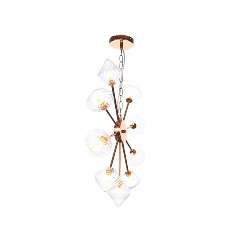 Diamond Shade Hanging Lighting Industrial Amber/Clear Glass 6/9/12 Heads Living Room Chandelier Lamp in Black/Brass/Copper