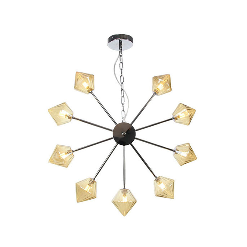 Diamond Shade Hanging Lighting Industrial Amber/Clear Glass 6/9/12 Heads Living Room Chandelier Lamp in Black/Brass/Copper