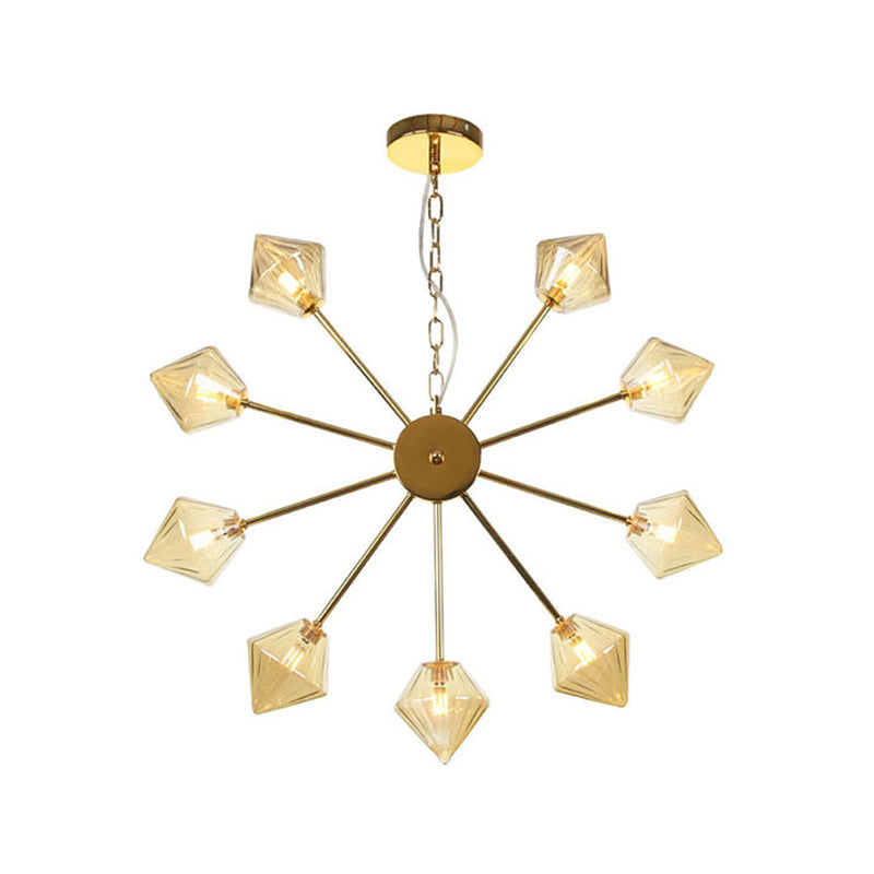 Diamond Shade Hanging Lighting Industrial Amber/Clear Glass 6/9/12 Heads Living Room Chandelier Lamp in Black/Brass/Copper