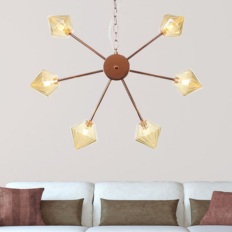 Diamond Shade Hanging Lighting Industrial Amber/Clear Glass 6/9/12 Heads Living Room Chandelier Lamp in Black/Brass/Copper