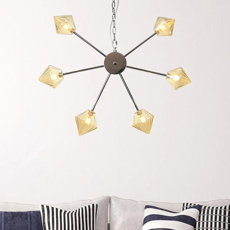 Diamond Shade Hanging Lighting Industrial Amber/Clear Glass 6/9/12 Heads Living Room Chandelier Lamp in Black/Brass/Copper