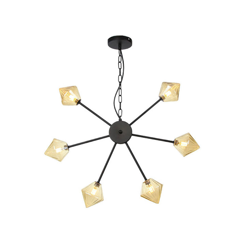 Diamond Shade Hanging Lighting Industrial Amber/Clear Glass 6/9/12 Heads Living Room Chandelier Lamp in Black/Brass/Copper
