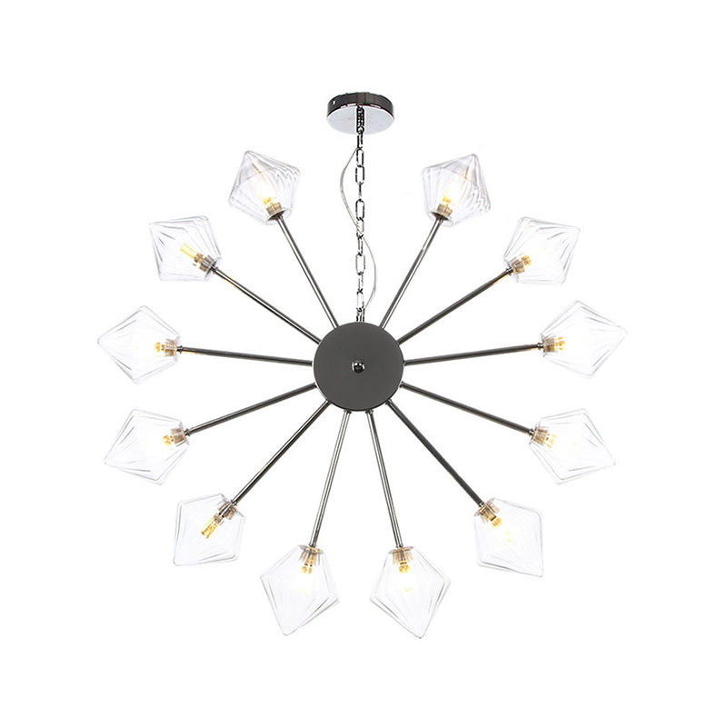 Diamond Shade Hanging Lighting Industrial Amber/Clear Glass 6/9/12 Heads Living Room Chandelier Lamp in Black/Brass/Copper