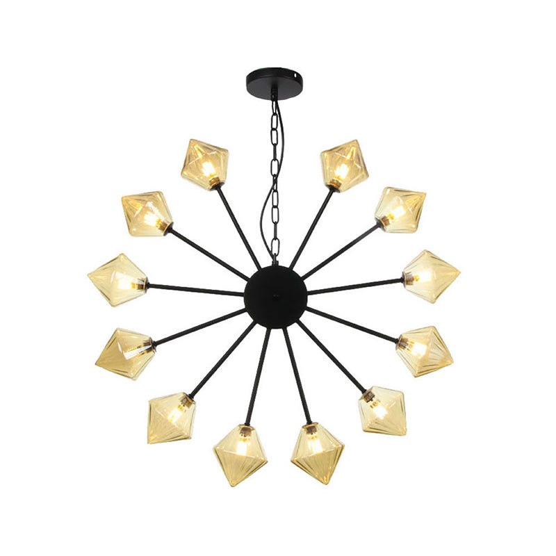 Diamond Shade Hanging Lighting Industrial Amber/Clear Glass 6/9/12 Heads Living Room Chandelier Lamp in Black/Brass/Copper