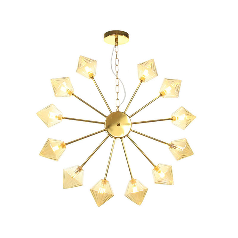 Diamond Shade Hanging Lighting Industrial Amber/Clear Glass 6/9/12 Heads Living Room Chandelier Lamp in Black/Brass/Copper