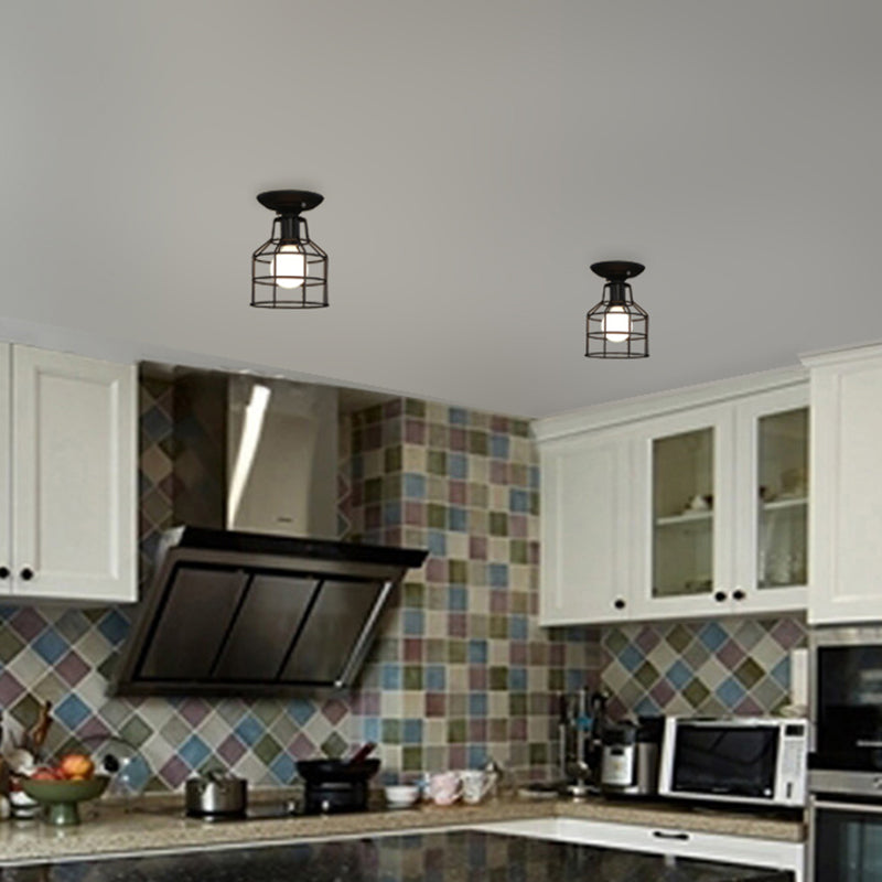 Metal Caged Flush Mount Industrial Style 1 Light Living Room Flush Ceiling Licht in Schwarz