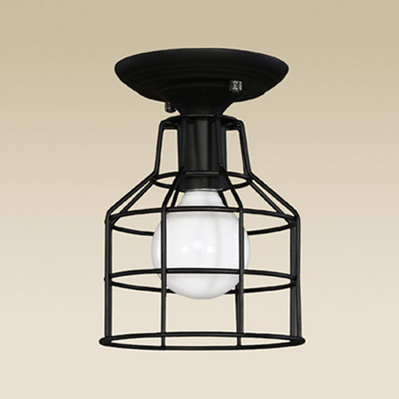 Metal Caged Flush Mount Industrial Style 1 Light Living Room Flush Ceiling Licht in Schwarz