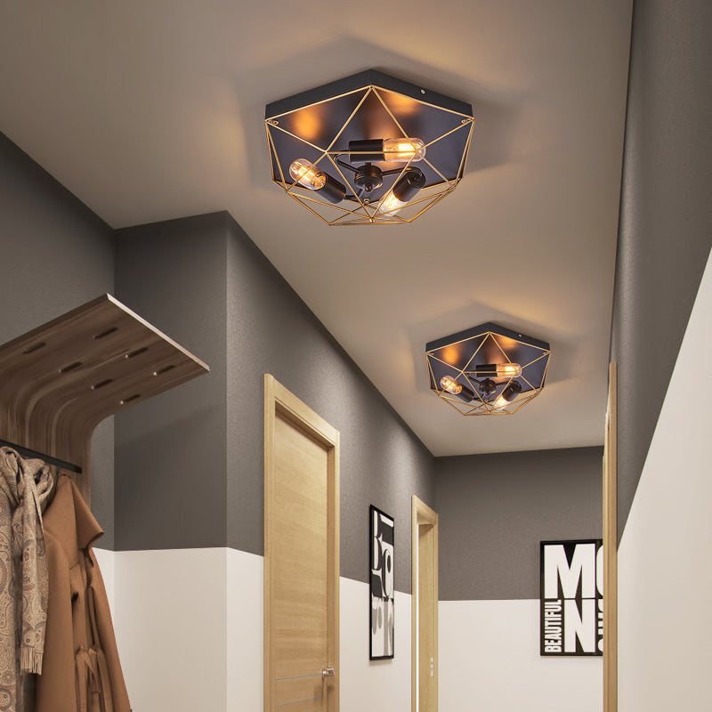 3 Lights Geometric Flush Mount Industrial Black Metal Flush Ceiling Light Fixture
