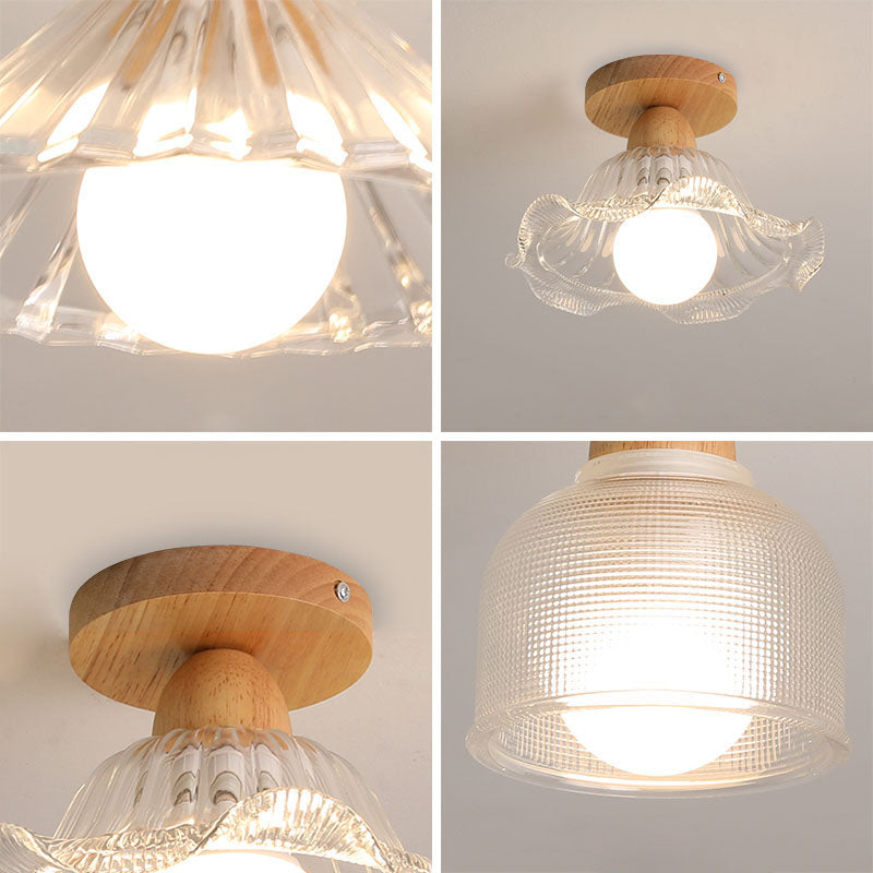 Nordic Shaded Semi Flush Ceiling Light Fixture Wood Aisle Semi Flush Light Fixture in Clear