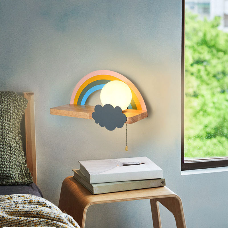 Wood Kids Wall Light Fixture Semicircle Rainbow Sconce Lamp for Children's Room