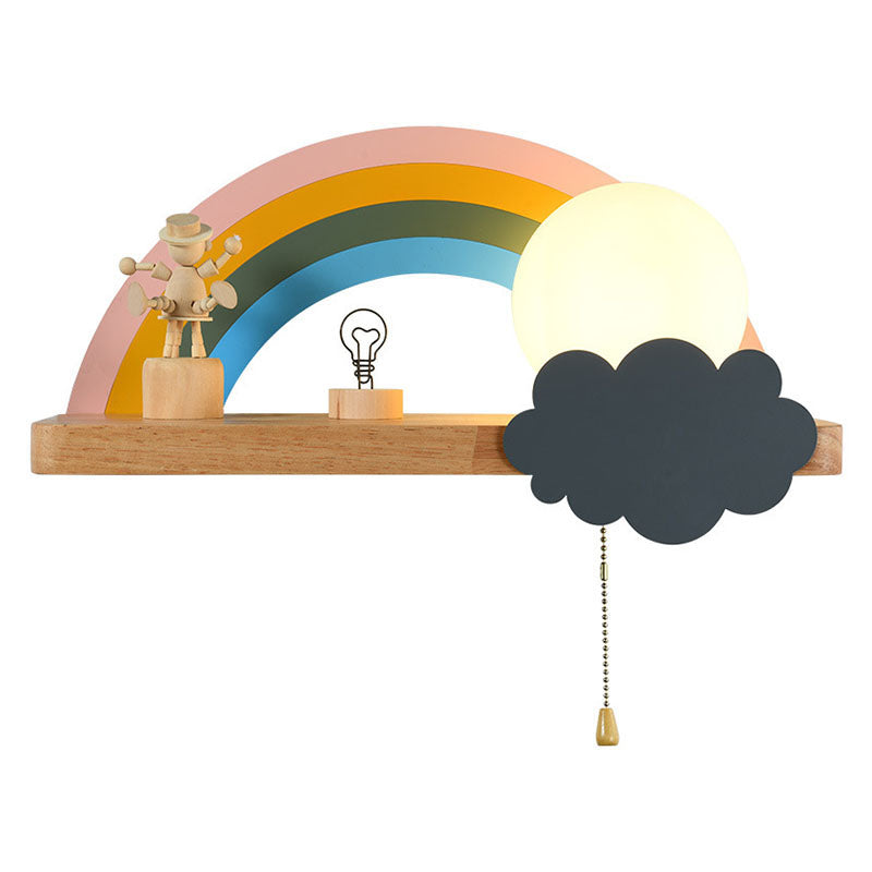 Wood Kids Wall Light Fixture Semicircle Rainbow Sconce Lamp for Children's Room