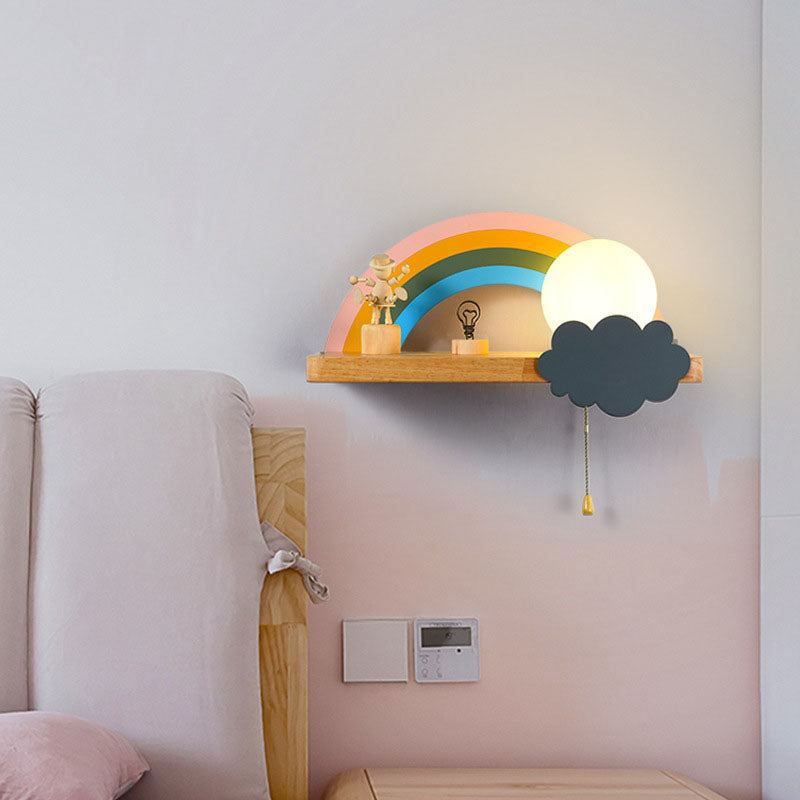 Wood Kids Wall Light Fixture Semicircle Rainbow Sconce Lamp for Children's Room