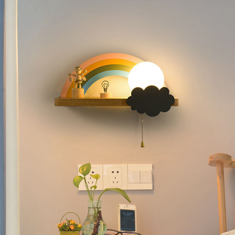 Wood Kids Wall Light Fixture Semicircle Rainbow Sconce Lamp for Children's Room