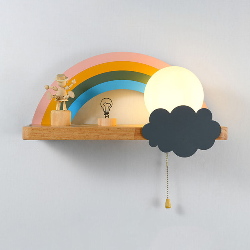 Wood Kids Wall Light Fixture Semicircle Rainbow Sconce Lamp for Children's Room