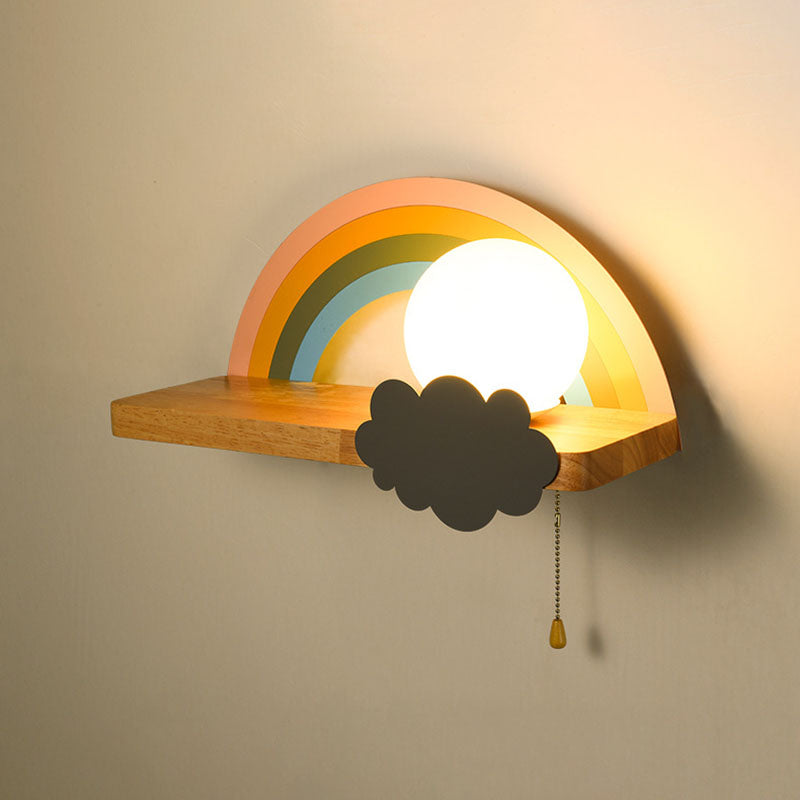 Wood Kids Wall Light Fixture Semicircle Rainbow Sconce Lamp for Children's Room