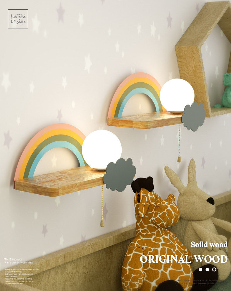 Wood Kids Wall Light Fixture Semicircle Rainbow Sconce Lamp for Children's Room