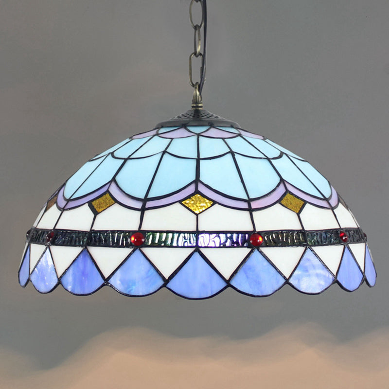 Domed Hanging Pendant Light Stained Glass Mediterranean Pendant Light Fixture in Blue