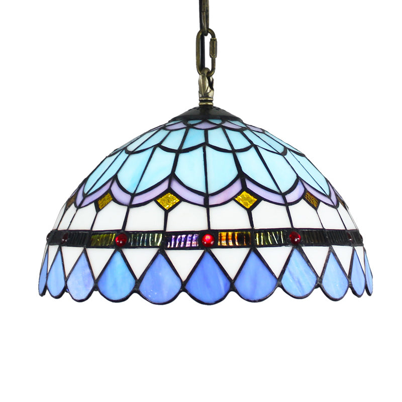 Domed Hanging Pendant Light Stained Glass Mediterranean Pendant Light Fixture in Blue