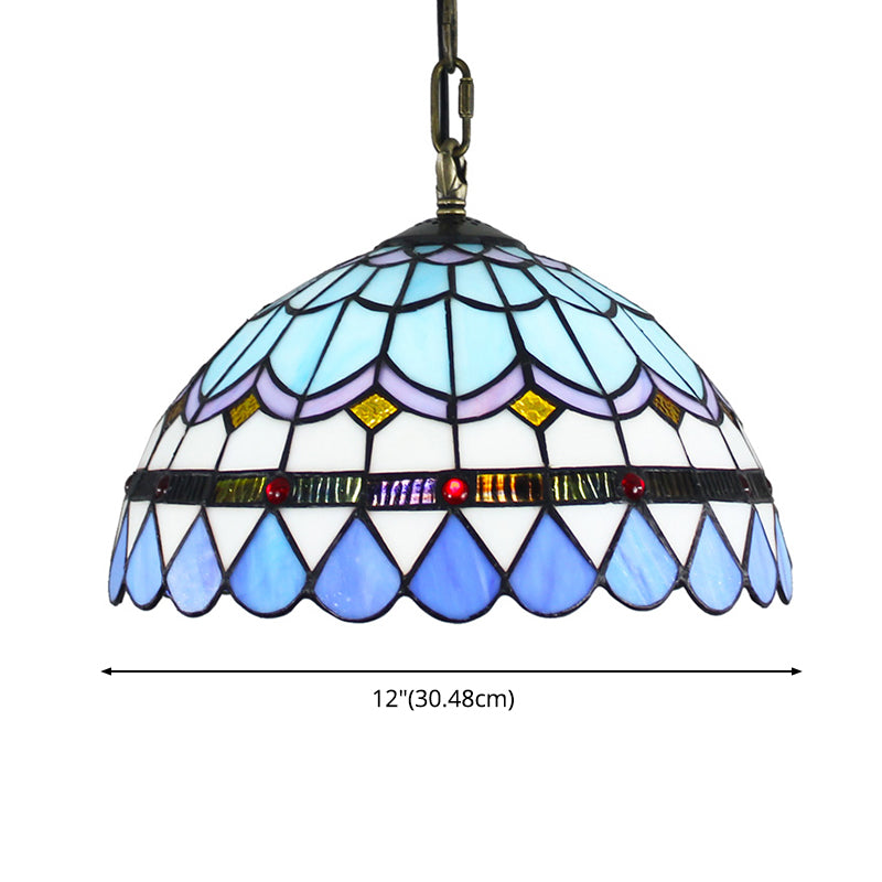 Domed Hanging Pendant Light Stained Glass Mediterranean Pendant Light Fixture in Blue