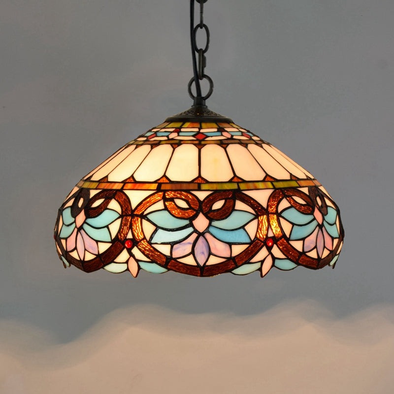 Domed Hanging Pendant Light Stained Glass Mediterranean Pendant Light Fixture in Blue