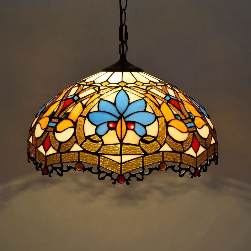 Domed Hanging Pendant Light Stained Glass Mediterranean Pendant Light Fixture in Blue