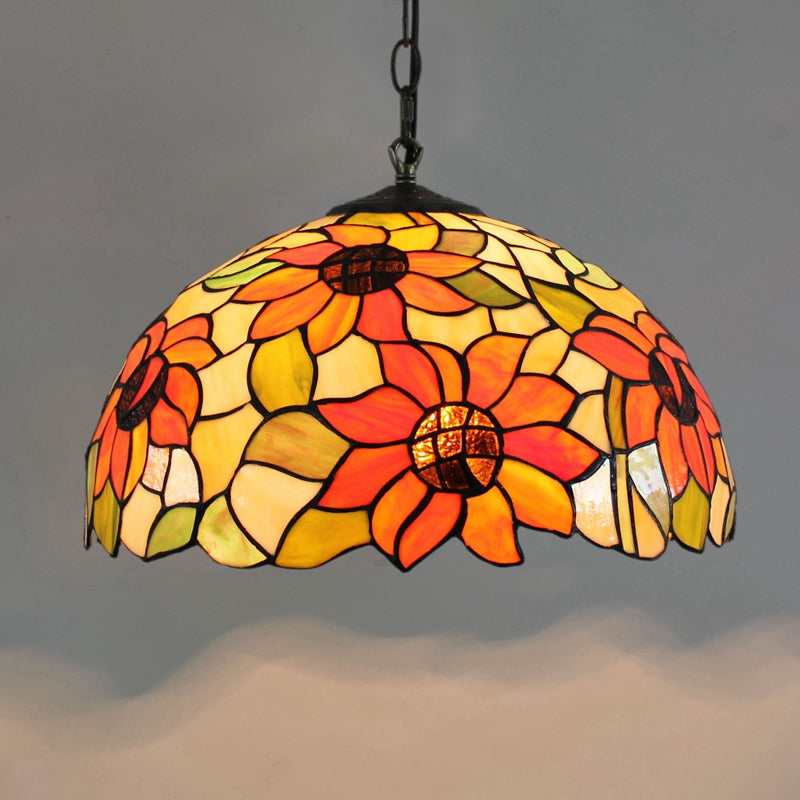 Domed Hanging Pendant Light Stained Glass Mediterranean Pendant Light Fixture in Blue