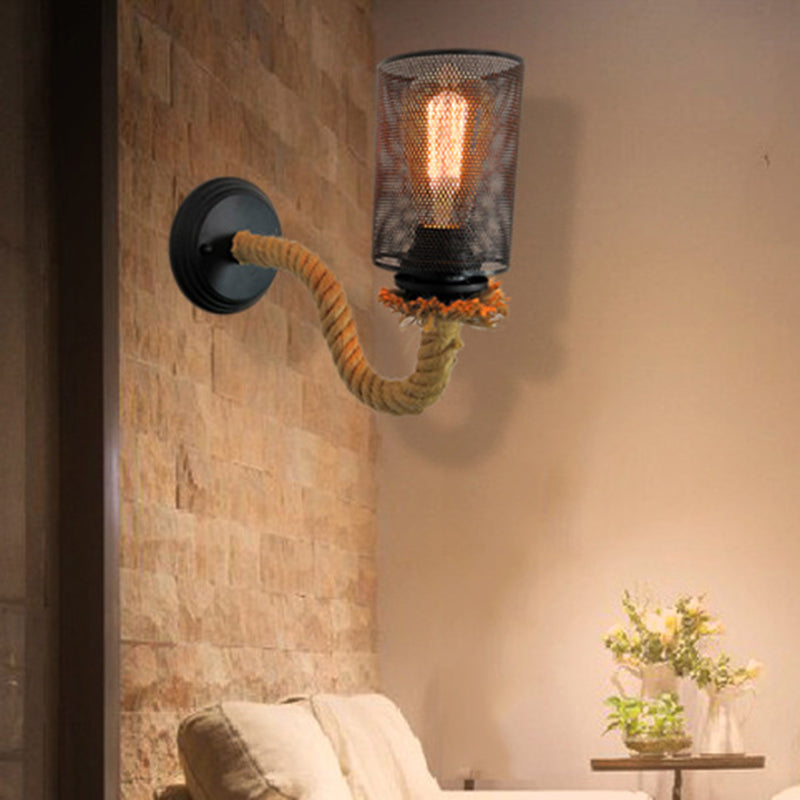 Black Cylinder Wall Lighting Fixture Vintage Metal 1 Light Dining Room Sconce with Rope Arm