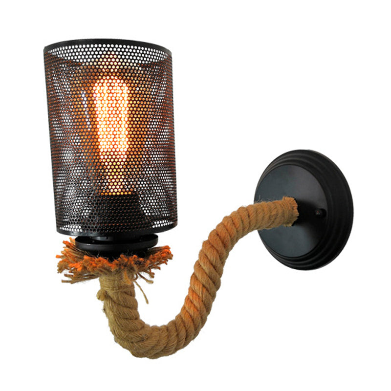 Black Cylinder Wall Lighting Fixture Vintage Metal 1 Light Dining Room Sconce with Rope Arm