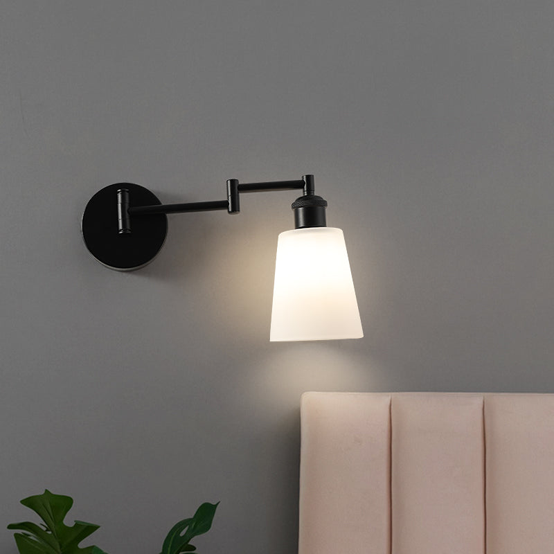 1 Light Wall Lighting Industrial Conical Milky Glass Sconce in Black for Living Room