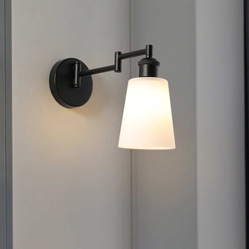 1 Light Wall Lighting Industrial Conical Milky Glass Sconce in Black for Living Room