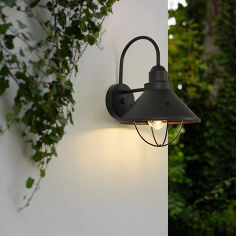 1 Light Wide Flare Lighting Fixture Industrial Black Metal Sconce Light with Cage for Outdoor