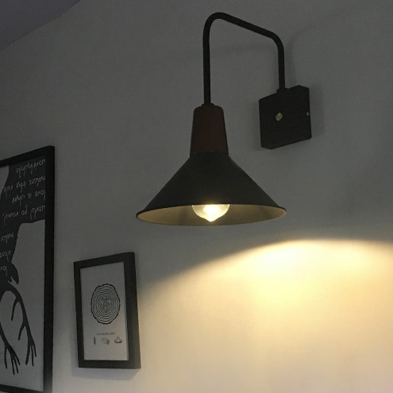 1 Light Metal Wall Mounted Light Industrial Style Black Conical Bedroom Sconce