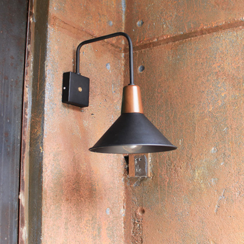 1 Light Metal Wall Mounted Light Industrial Style Black Conical Bedroom Sconce