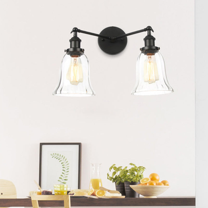 2 Lights Indoor Wall Lighting Industrial Style Black/Chrome/Bronze Sconce with Bell Clear Glass Shade