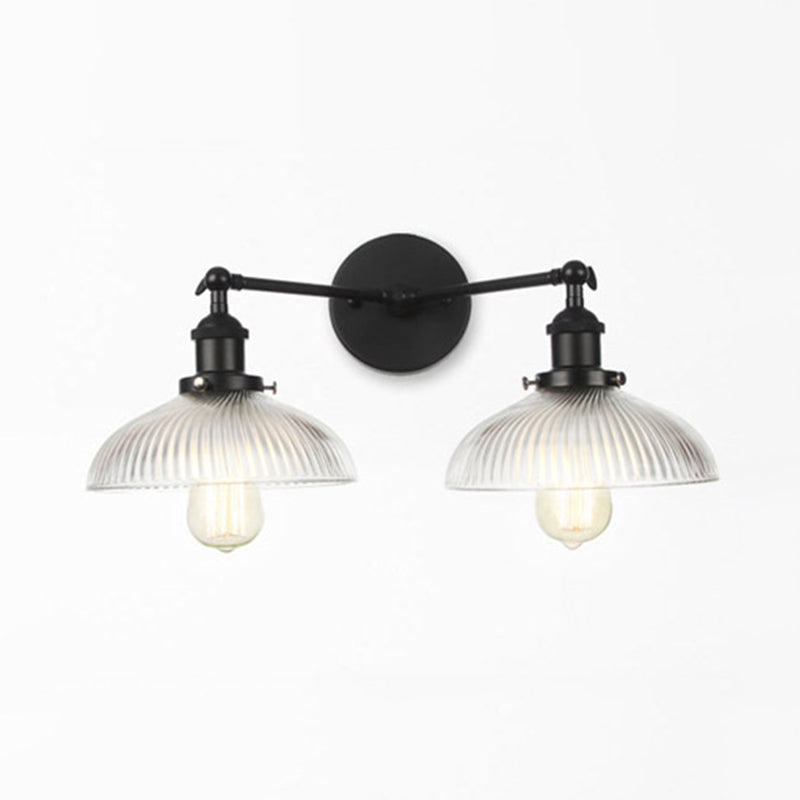 Domed Living Room Wall Light Industrial Clear Ribbed Glass 2 Lights Bronze/Brass/Copper Sconce Lamp