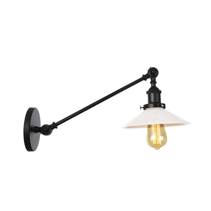 Industrial Conical Sconce Light 1 Light Opal Glass Wall Lamp in Black/Bronze/Brass with Arm, 8"/12" L