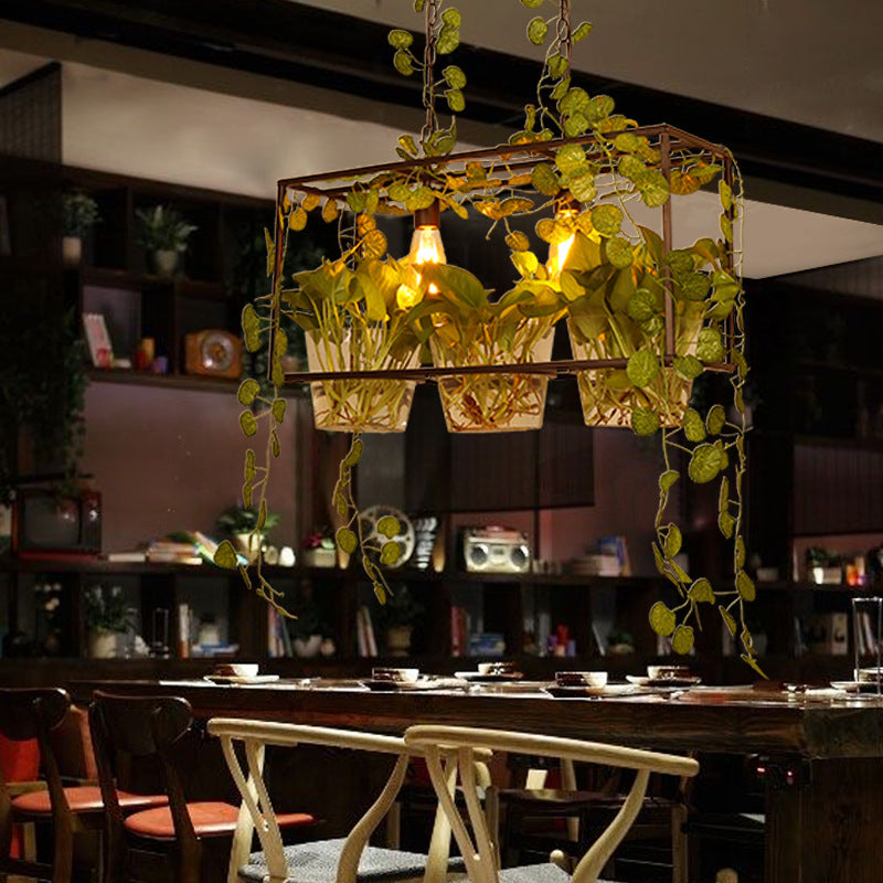 Lámpara de billar de metal de 3 luces colgante rectánica rectángulo 3 luces en negro para restaurante con hojas verdes deco