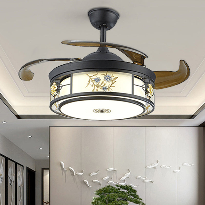 LED Ceiling Fan Light Classic Circular Metal Semi Flush Mount Lighting in Black, Remote Control/Wall Control/Frequency Conversion