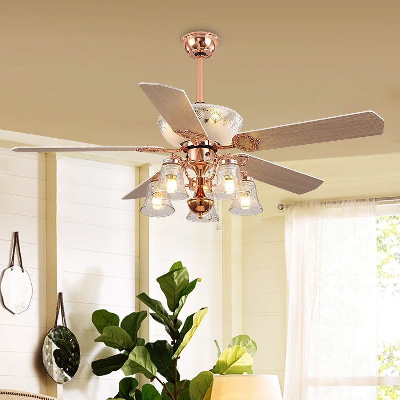 5 Lights Clear Glass Ceiling Fan Light Classic Rose Gold Bell Bedroom Semi Flush Mount