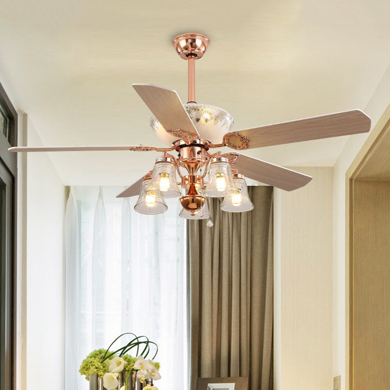 5 Lights Clear Glass Ceiling Fan Light Classic Rose Gold Bell Bedroom Semi Flush Mount