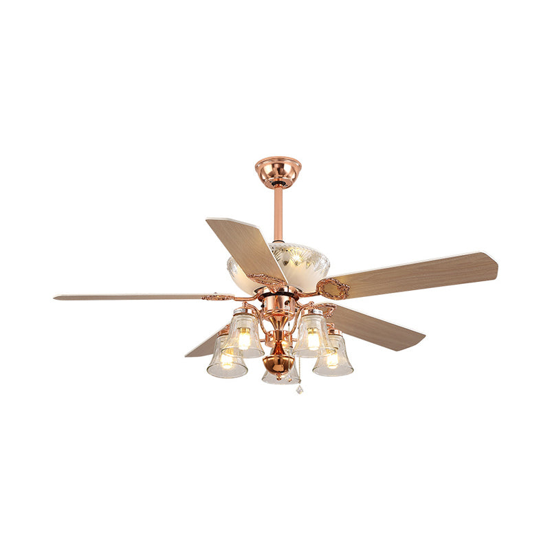 5 Lights Clear Glass Ceiling Fan Light Classic Rose Gold Bell Bedroom Semi Flush Mount