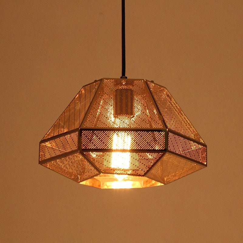 Gold 1 Bulb Pendant Light Rustic Metal Diamond Hanging Lamp for Living Room, 8"/12" W