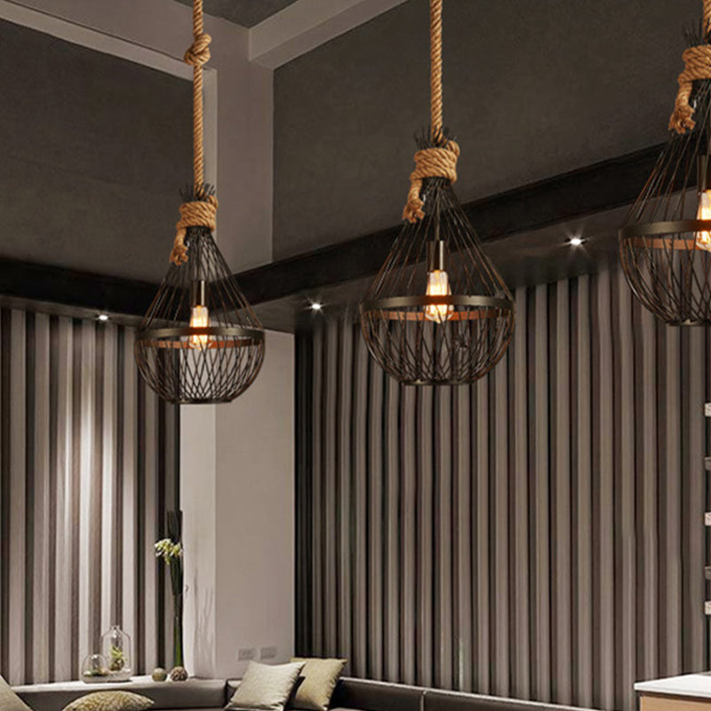 1 Kopf -Tränen -Deckenlampe Landschwarz Finish Metal Restaurant Suspension Anhänger Licht mit Seil