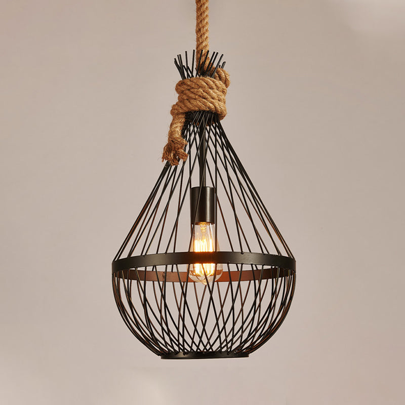 1 Kopf -Tränen -Deckenlampe Landschwarz Finish Metal Restaurant Suspension Anhänger Licht mit Seil