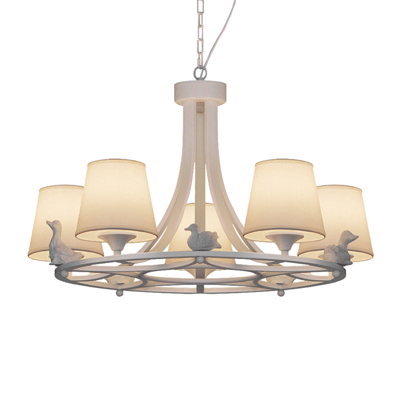 White 5 Heads Chandelier Lamp Rustic Fabric Cone Pendant Light Fixture with Duck Decoration for Living Room
