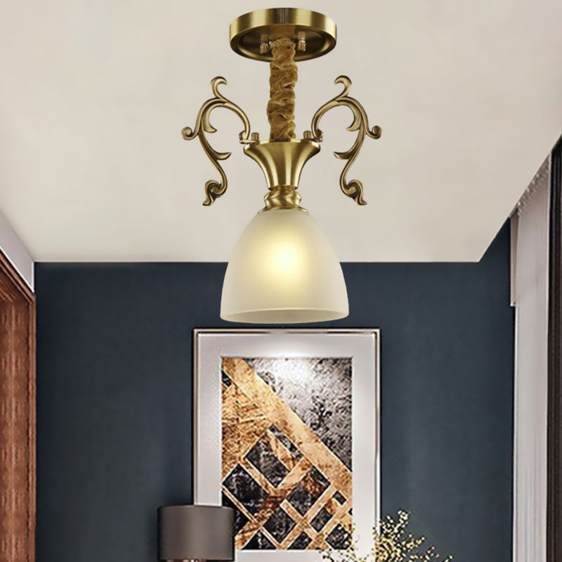 Brass 1 Head Hanging Lighting Colonial White Frosted Glass Bowl/Dome/Trapezoid Ceiling Suspension Lamp for Porch