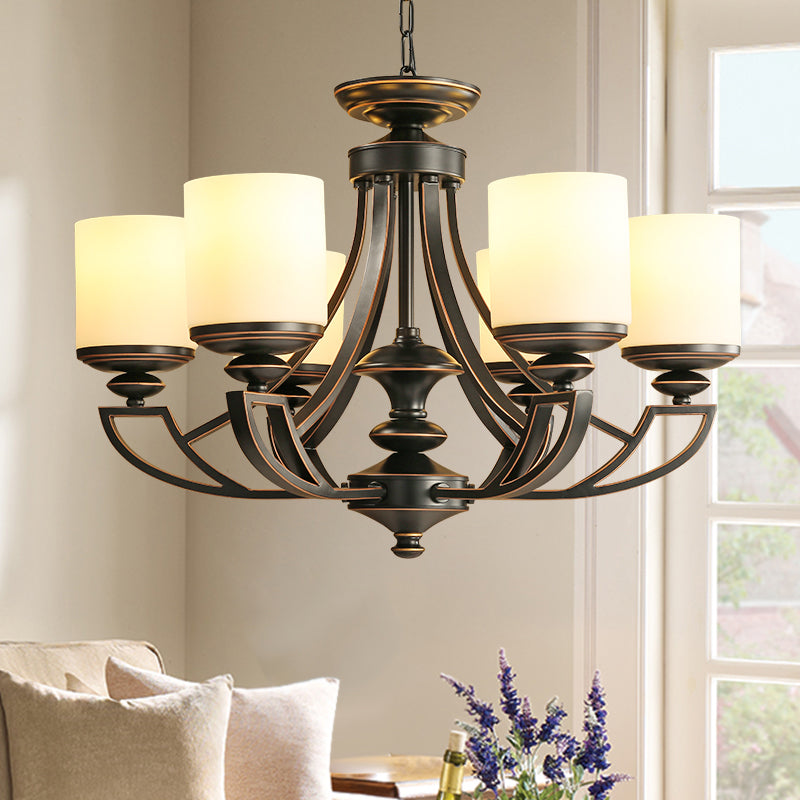 Traditional Starburst Pendant Chandelier 3/6 Lights Metal Ceiling Lamp Fixture in Black for Living Room with Cylinder Frosted Glass Shade