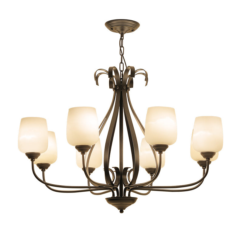 Lustre noir en métal radial 3/6/8 têtes traditionalisme suspension suspension légère avec tasse de forme blanche